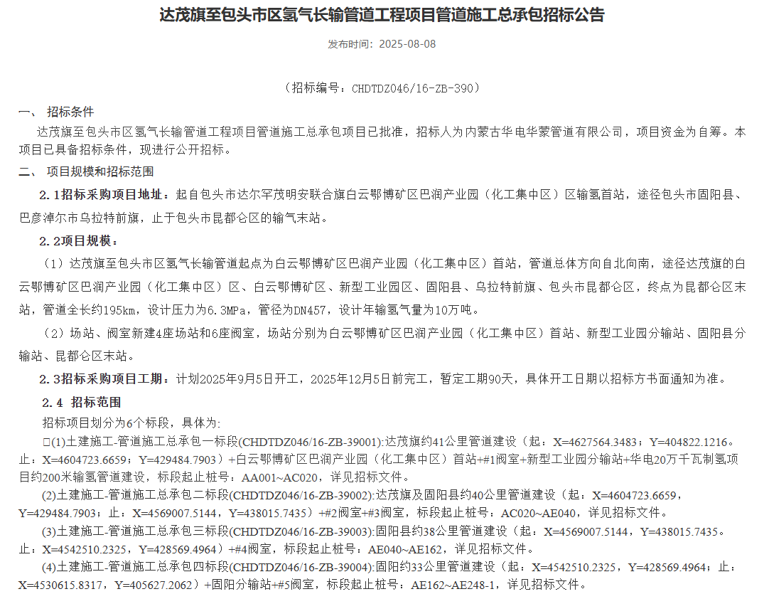 全长195km‌！年输氢气量10万吨！中国华电氢气长输管道工程项目招标(图1)